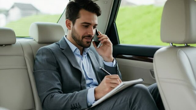 A smiling businessman makes a phone call and takes notes while sitting in the back of a car - Powered by Adobe