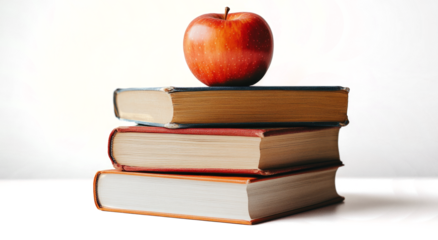 stack of books with apple isolated transparent background