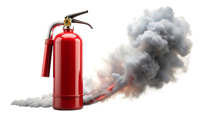 Obraz premium A red fire extinguisher stands ready amidst billowing smoke, symbolizing safety and emergency preparedness isolated on transparent background