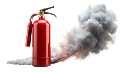 A red fire extinguisher stands ready amidst billowing smoke, symbolizing safety and emergency preparedness isolated on transparent background