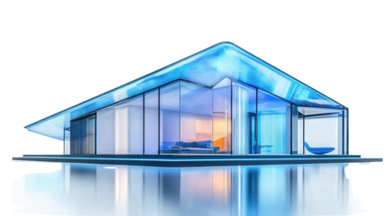 Futuristic smart glass home with AI-integrated lighting background isolated on a Transparent background, PNG file.