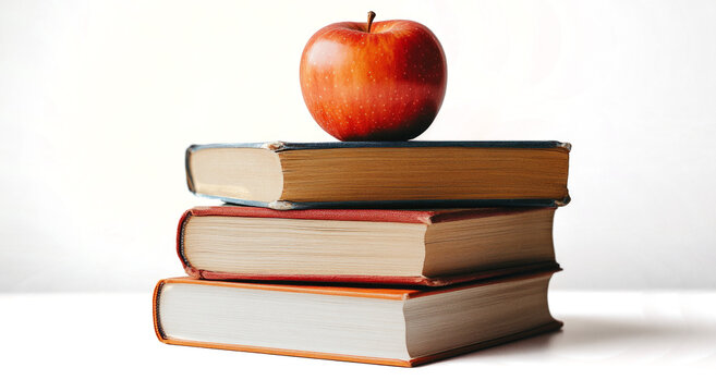 stack of books with apple isolated transparent background