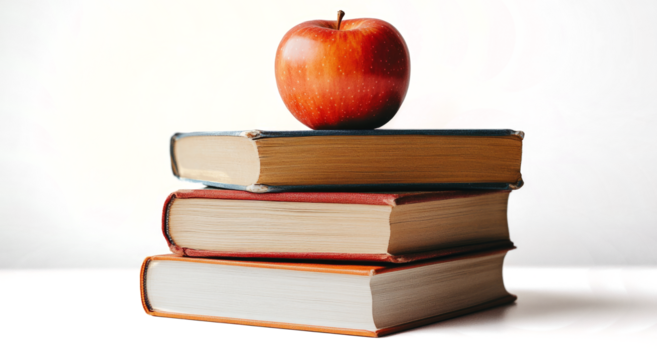 stack of books with apple isolated transparent background