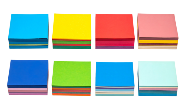 Eight Stacks of Colorful Square Sticky Notes Arranged in a Row