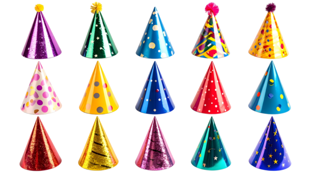 Assorted party hats with various colors, patterns and textures for festive celebrations