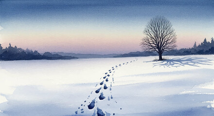 Footsteps in the Snow – Quiet Winter Watercolor Scene of Solitude and Dusk