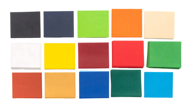Stacked colorful square papers arranged in a grid pattern, top view