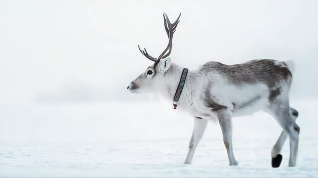 Sami herder guiding reindeer herd through snow covered arctic terrain, representing indigenous lifestyle and northern wilderness landscape