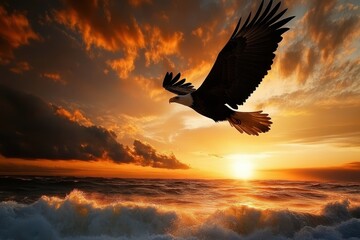 Majestic eagle soars gracefully against a breathtaking sunset sky over the ocean waves, Majestic eagle soaring against a dramatic sunset sky over rippling ocean waves
