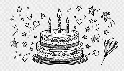 illustration of hand drawn birthday cake with heart and star shaped candle on transparent background. Set of elements for birthday party decorations, hand drawn by a child