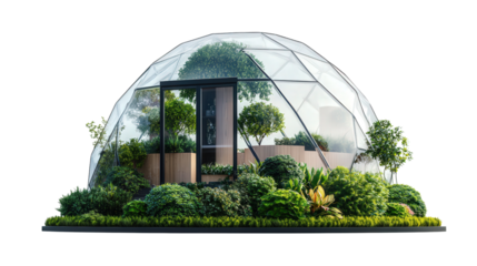 Dome greenhouse home hybrid model with sustainable design background isolated on a Transparent background, PNG file.