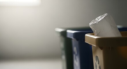 Close-up of recycling bins in a room, with a white paper bag inside one.