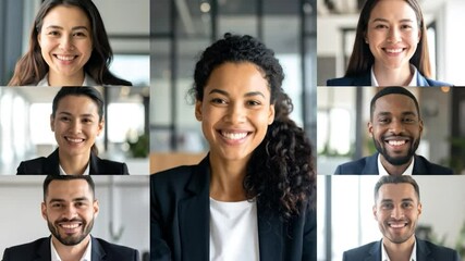 Multiracial professionals smiling in a videoconference grid view - Powered by Adobe