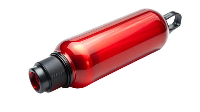 A modern red aluminum water bottle with a black cap, perfect for staying hydrated during any activity isolated on transparent background