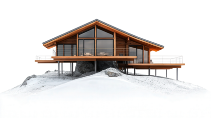 Dual-level mountain lodge with cantilevered balconies background isolated on a Transparent background, PNG file.