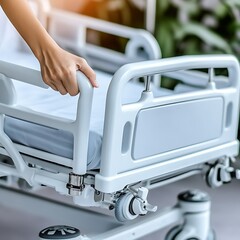A hand holding the side rail of a medical bed