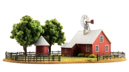 Classic farmhouse with barn and windmill model background isolated on a Transparent background, PNG file.