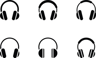 Obraz premium Six Stylish Black Headphone Icons: Minimalist, Modern, Audio Design Elements