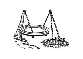 Silhouette of rope swing with disc seat isolated on a white background