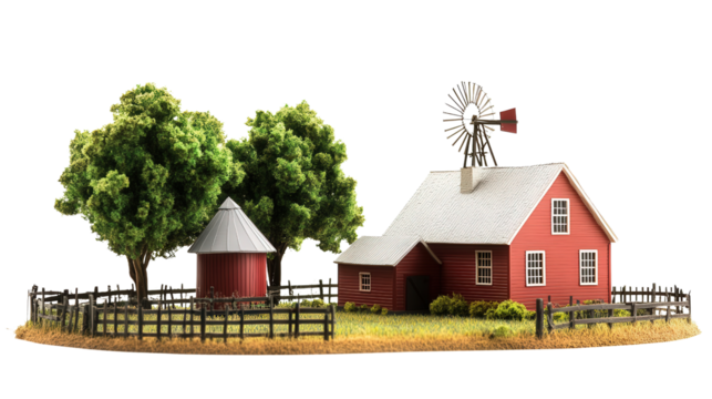 Classic farmhouse with barn and windmill model background isolated on a Transparent background, PNG file.