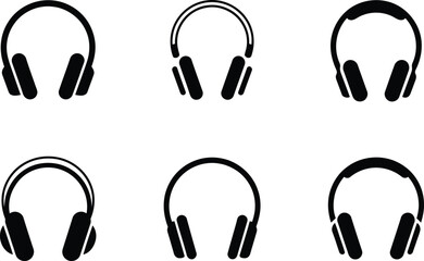 Six Stylish Black Over-Ear Headphone Icons; Minimalist Design, Modern Music Concept.