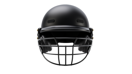 A sleek black cricket helmet for player safety and professional sports equipment isolated on transparent background