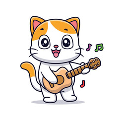 Cute Cat Playing Guitar Cartoon Vector Icon Illustration. Animal Music Icon Concept Isolated Premium Vector. Flat Cartoon Style