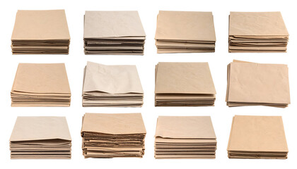 Twelve Stacks of Aged Paper Sheets, Varied Textures and Folds