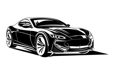 Black and white silhouette of a sports car. Elite car. Vector sketch of a sticker. Logo, advertising, business card for an auto parts store. EPS 10
