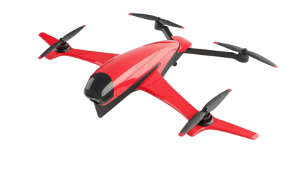 Electric drone racer aircraft with aerodynamic shape, background isolated on a Transparent background, PNG file.