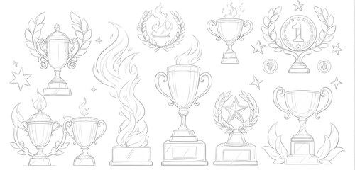Set of hand drawn elements. Trophy cup, torch with burning flame, first place gold medal and ribbon. Success, sports victory. Modern illustration