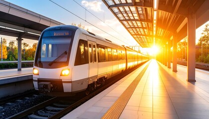 Naklejka premium Arriving Train at Platform During Sunset Glow
