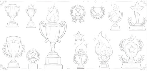 Set of hand drawn elements. Trophy cup, torch with burning flame, first place gold medal and ribbon. Success, sports victory. Modern illustration