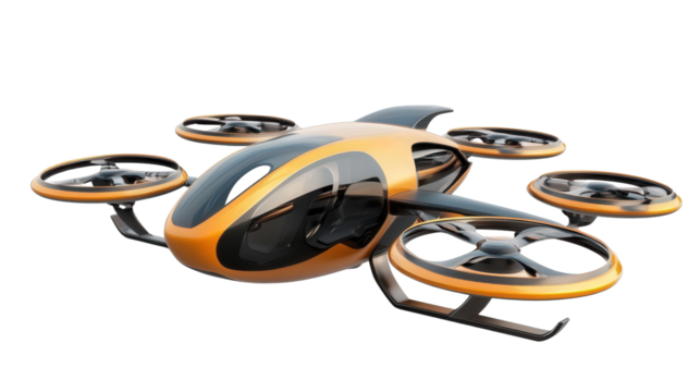 Electric vertical takeoff aircraft (eVTOL), background isolated on a Transparent background, PNG file.