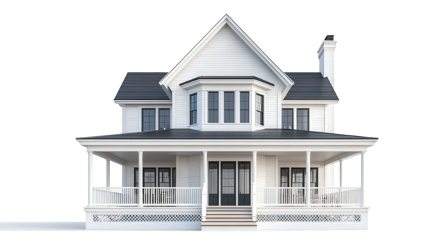 Colonial-style classic home with wraparound porch background isolated on a Transparent background, PNG file.