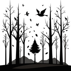 Flat Silhouette Art of Fall Forest Landscape with Bare Trees and Birds
