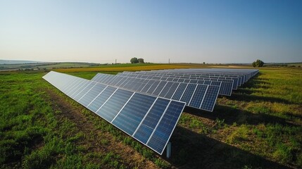 Expansive solar panel field in a sun-drenched rural landscape, generating clean energy