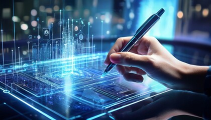 digital innovation with smart stylus a hand uses an advanced pen to craft designs on a glowing transparent interface symbolizing the future of connectivity and data visualization