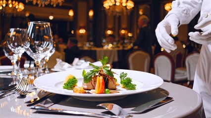 Fototapeta premium Waiter in white gloves presenting gourmet meat dish, crystal glasses gleaming, chandelier lit fine dining setting