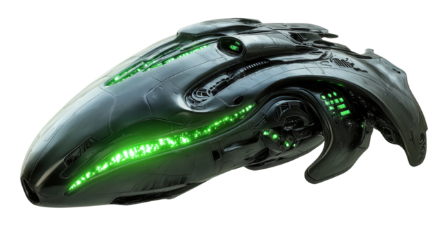 Conceptual alien-inspired spacecraft with organic shapes and green luminescent features, background isolated on a Transparent background, PNG file.
