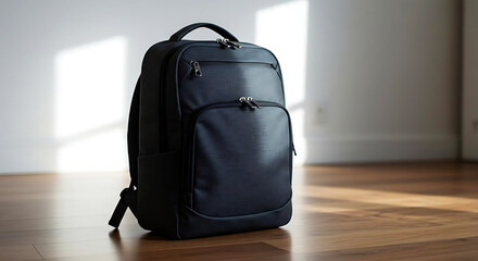 Anti-theft travel backpack with visible hidden zippers, placed upright on modern floor, front-facing angle
