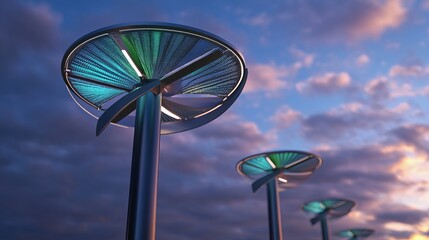 Futuristic, illuminated outdoor lighting fixtures with unique fan-like designs, set against a twilight sky
