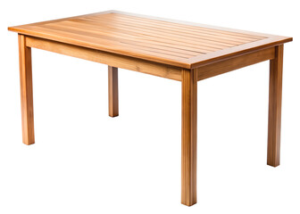 A light brown wooden table with a slatted top stands elegantly against a pristine white backdrop isolated on transparent background