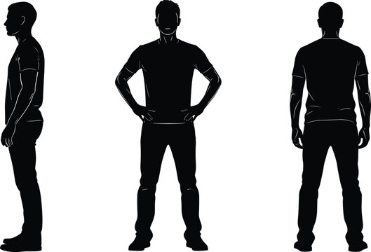 Full body silhouettes of a standing man in three poses: side profile, front view with hands on hips, and back view, isolated on white background for design resources.