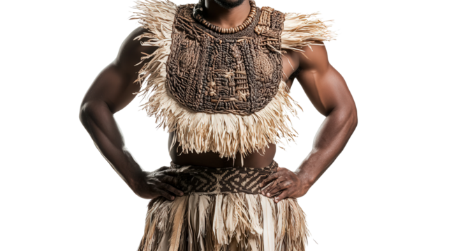 Fijian ceremonial warrior outfit with tapa cloth background isolated on a Transparent background, PNG file.