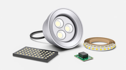 A product photography layout of LED lighting components on a white background. The main focus is a silver circular LED spotlight with three white LED chips visible through a clear lens. To .