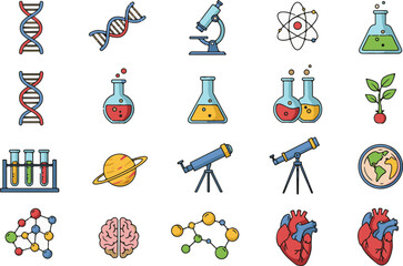 A vibrant vector illustration set featuring science and chemistry icons perfect for festive holiday designs