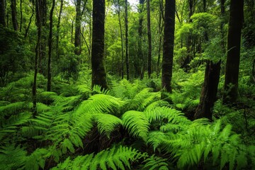 Obraz premium Exploring the lush fern plants in Tasmania's vibrant jungle forest, Jungle forest Tasmania Australia Fern plants in wilderness of national park