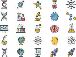 A seamless pattern of diverse cartoon science and education icons creates a vibrant technology design