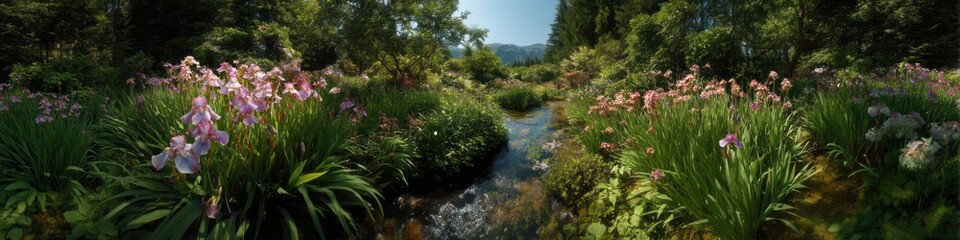 Vibrant nature stream scenic garden hdr 360 degrees lush environment